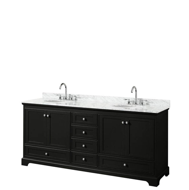 Wyndham Collection - Deborah 80 Inch Double Bathroom Vanity in Dark Espresso, White Carrara Marble Countertop, Undermount Oval Sinks, and No Mirrors - Dark Espresso