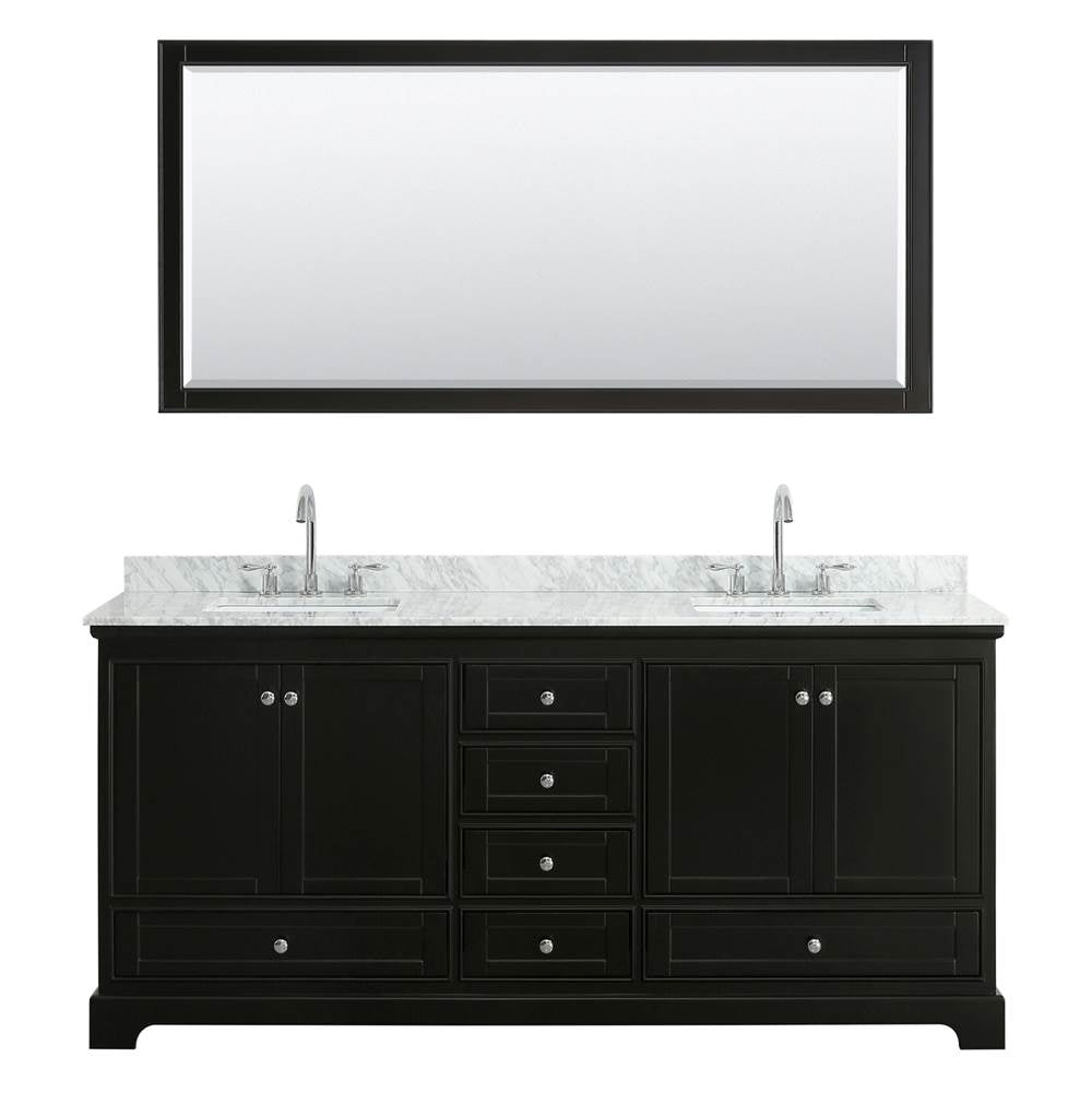 Deborah 80 Inch Double Bathroom Vanity in Dark Espresso, White Carrara Marble Countertop, Undermount Square Sinks, and 70 Inch Mirror