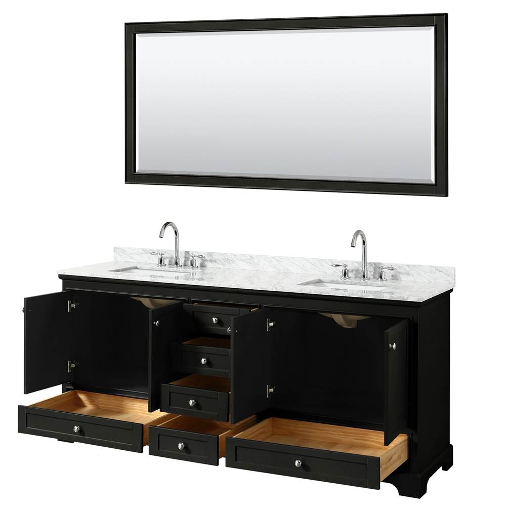 Deborah 80 Inch Double Bathroom Vanity in Dark Espresso, White Carrara Marble Countertop, Undermount Square Sinks, and 70 Inch Mirror