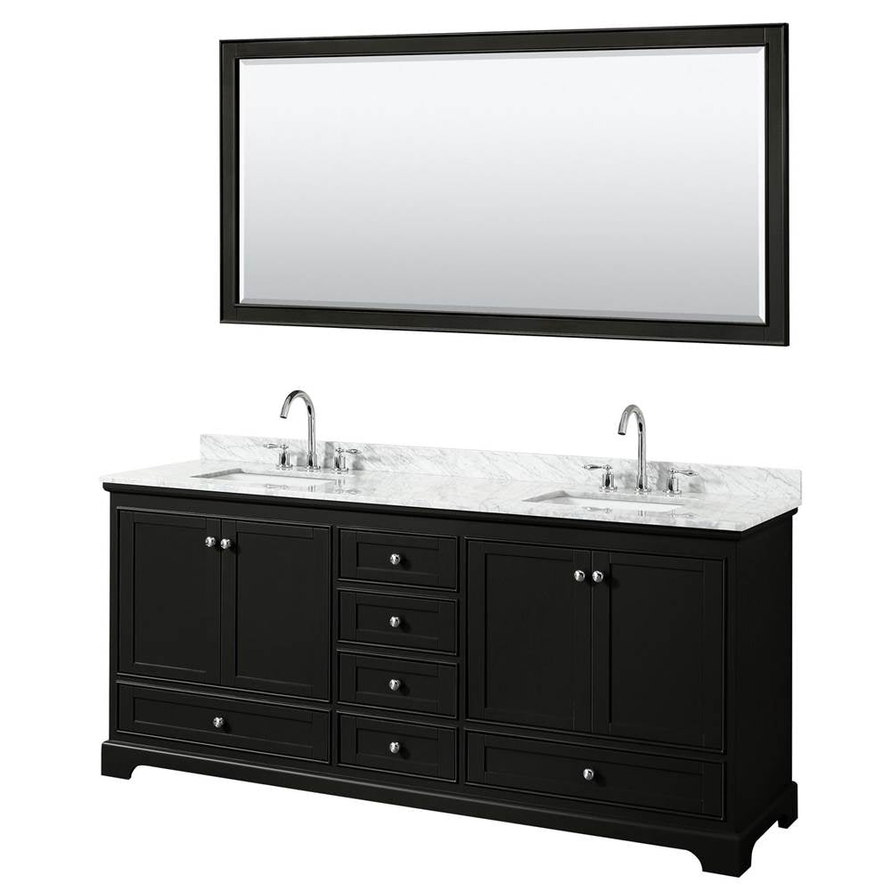 Wyndham Collection - Deborah 80 Inch Double Bathroom Vanity in Dark Espresso, White Carrara Marble Countertop, Undermount Square Sinks, and 70 Inch Mirror - Dark Espresso