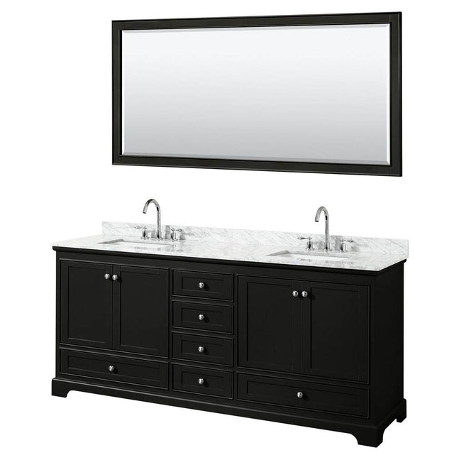 Wyndham Collection - Deborah 80 Inch Double Bathroom Vanity in Dark Espresso, White Carrara Marble Countertop, Undermount Square Sinks, and 70 Inch Mirror - Dark Espresso