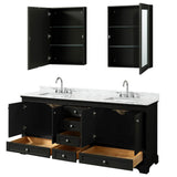 Deborah 80 Inch Double Bathroom Vanity in Dark Espresso, White Carrara Marble Countertop, Undermount Square Sinks, and Medicine Cabinets