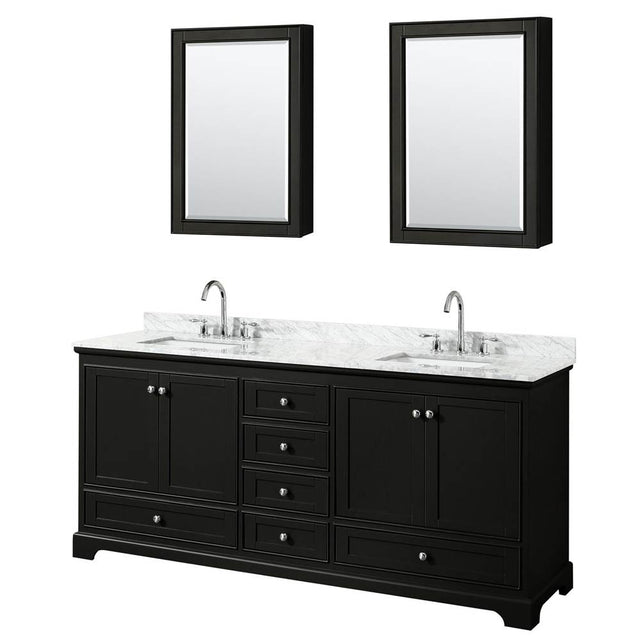 Wyndham Collection - Deborah 80 Inch Double Bathroom Vanity in Dark Espresso, White Carrara Marble Countertop, Undermount Square Sinks, and Medicine Cabinets - Dark Espresso