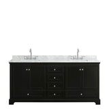 Deborah 80 Inch Double Bathroom Vanity in Dark Espresso, White Carrara Marble Countertop, Undermount Square Sinks, and No Mirrors