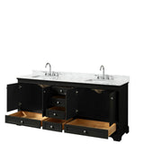 Deborah 80 Inch Double Bathroom Vanity in Dark Espresso, White Carrara Marble Countertop, Undermount Square Sinks, and No Mirrors