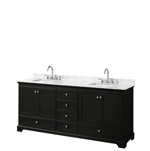 Wyndham Collection - Deborah 80 Inch Double Bathroom Vanity in Dark Espresso, White Carrara Marble Countertop, Undermount Square Sinks, and No Mirrors - Dark Espresso