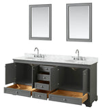 Deborah 80 Inch Double Bathroom Vanity in Dark Espresso, White Carrara Marble Countertop, Undermount Oval Sinks, and 24 Inch Mirrors