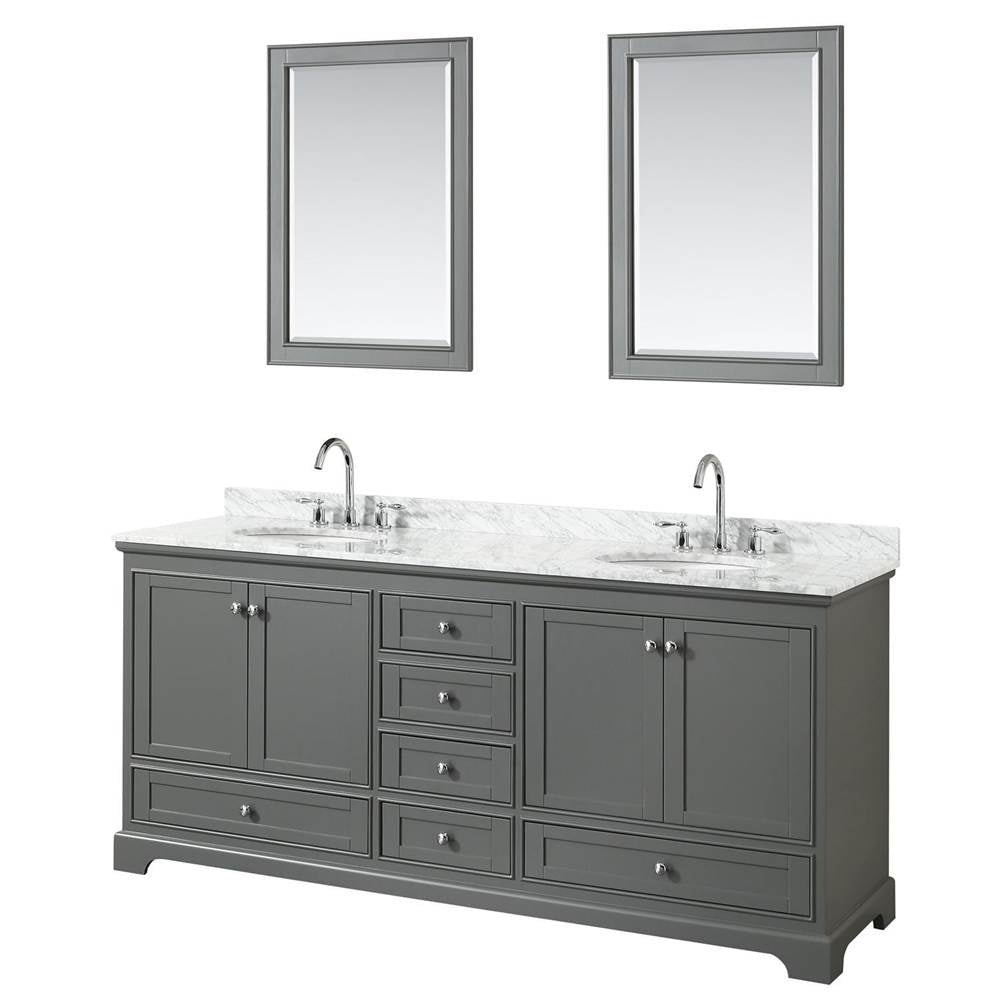 Wyndham Collection - Deborah 80 Inch Double Bathroom Vanity in Dark Gray, White Carrara Marble Countertop, Undermount Oval Sinks, and 24 Inch Mirrors - Dark Gray