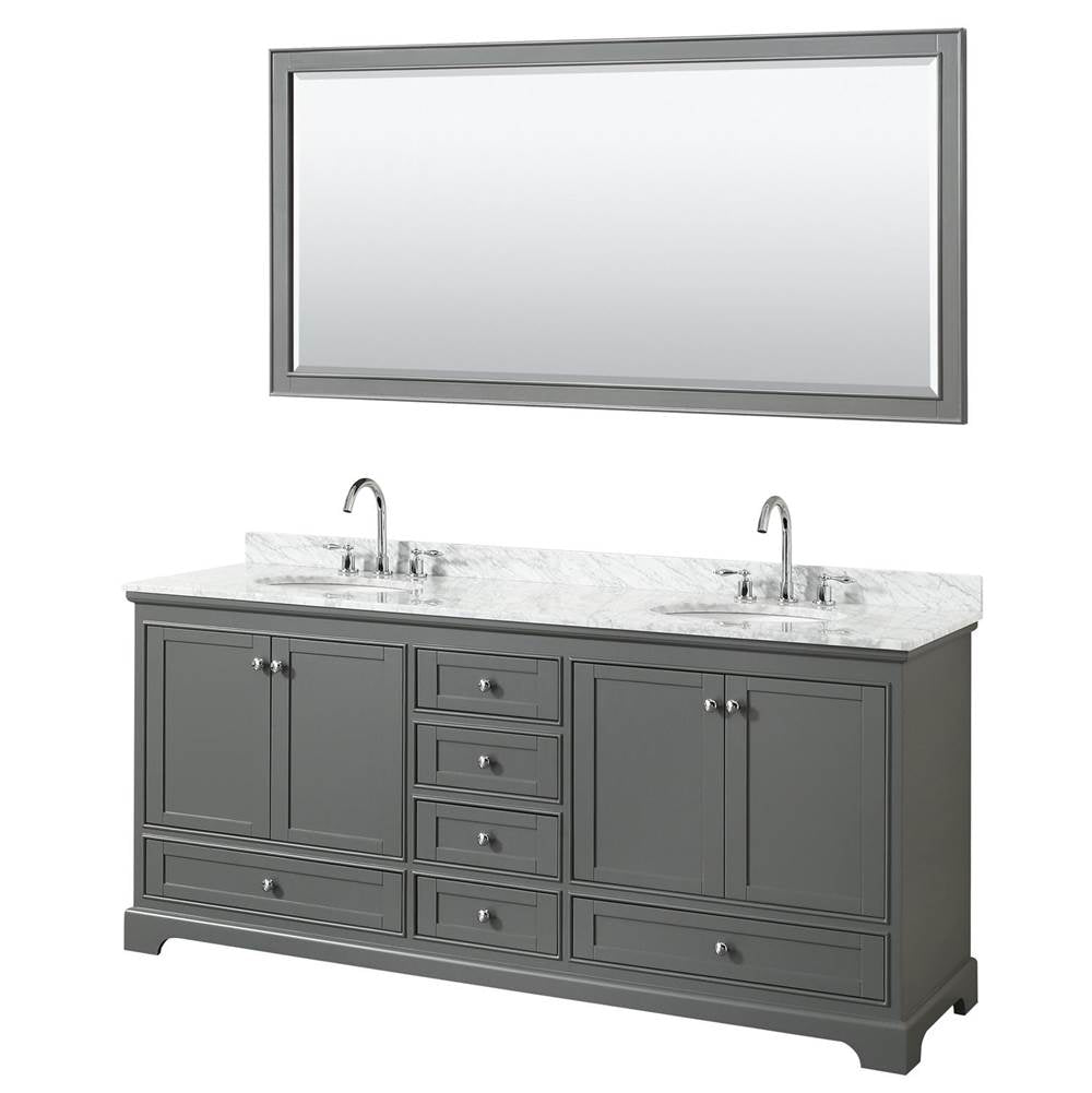 Wyndham Collection - Deborah 80 Inch Double Bathroom Vanity in Dark Gray, White Carrara Marble Countertop, Undermount Oval Sinks, and 70 Inch Mirror - Dark Gray