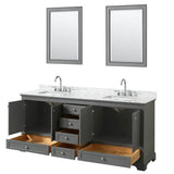 Deborah 80 Inch Double Bathroom Vanity in Dark Espresso, White Carrara Marble Countertop, Undermount Square Sinks, and 24 Inch Mirrors
