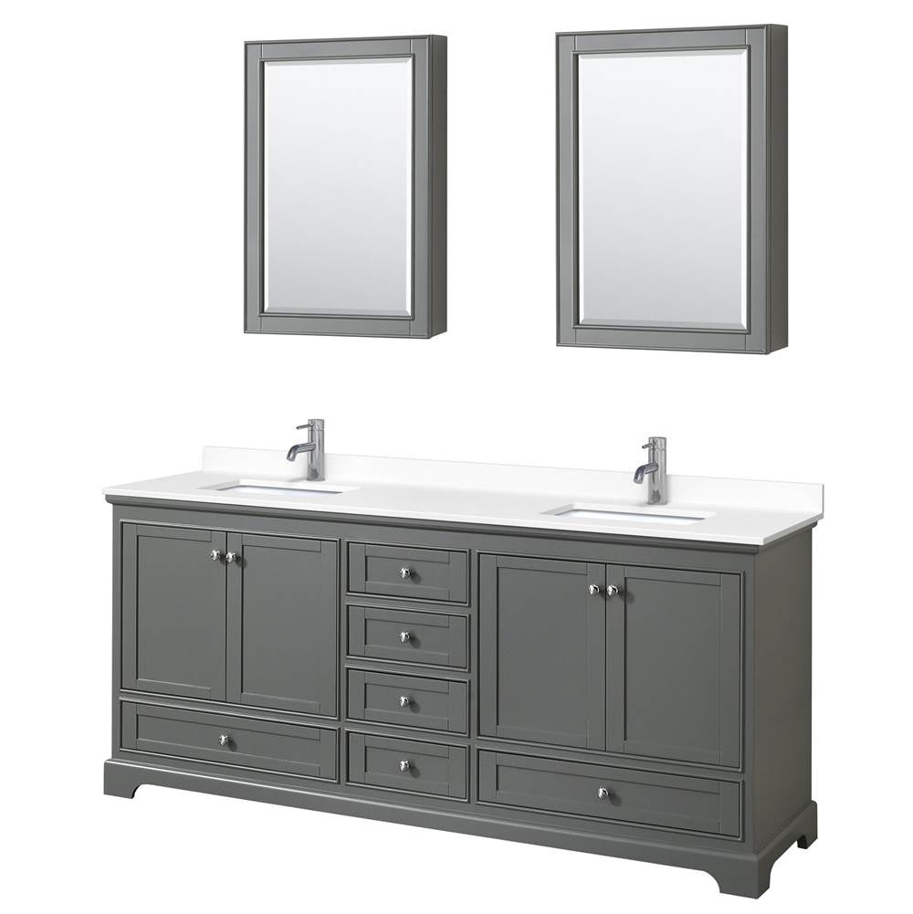 Wyndham Collection - Deborah 80 Inch Double Bathroom Vanity in Dark Gray, White Cultured Marble Countertop, Undermount Square Sinks, Medicine Cabinets