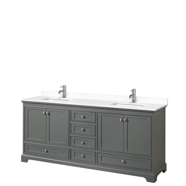 Wyndham Collection - Deborah 80 Inch Double Bathroom Vanity in Dark Gray, White Cultured Marble Countertop, Undermount Square Sinks, No Mirrors