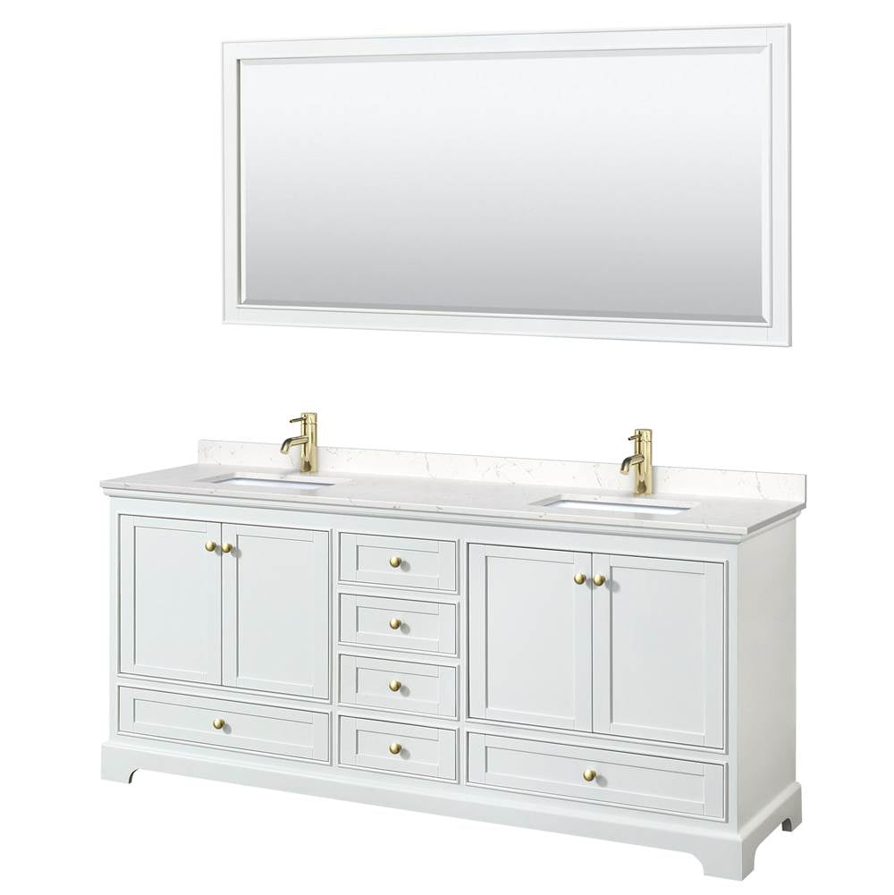 Wyndham Collection - Deborah 80 Inch Double Bathroom Vanity in White, Carrara Cultured Marble Countertop, Undermount Square Sinks, Brushed Gold Trim, 70 Inch Mirror