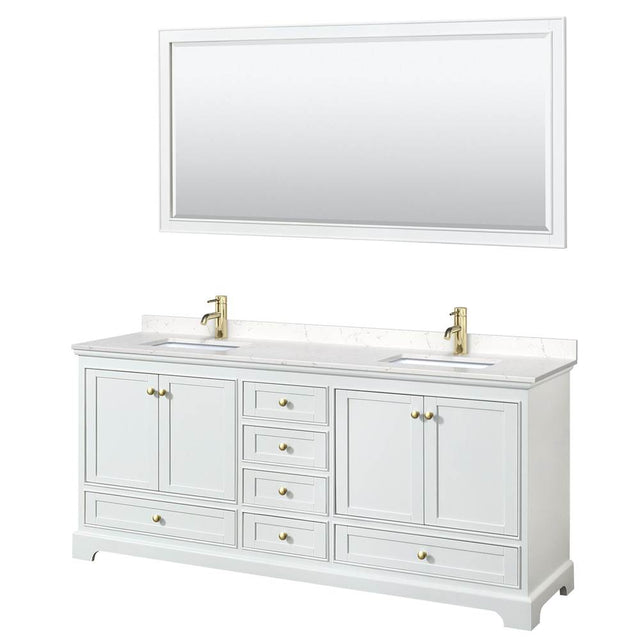 Wyndham Collection - Deborah 80 Inch Double Bathroom Vanity in White, Carrara Cultured Marble Countertop, Undermount Square Sinks, Brushed Gold Trim, 70 Inch Mirror
