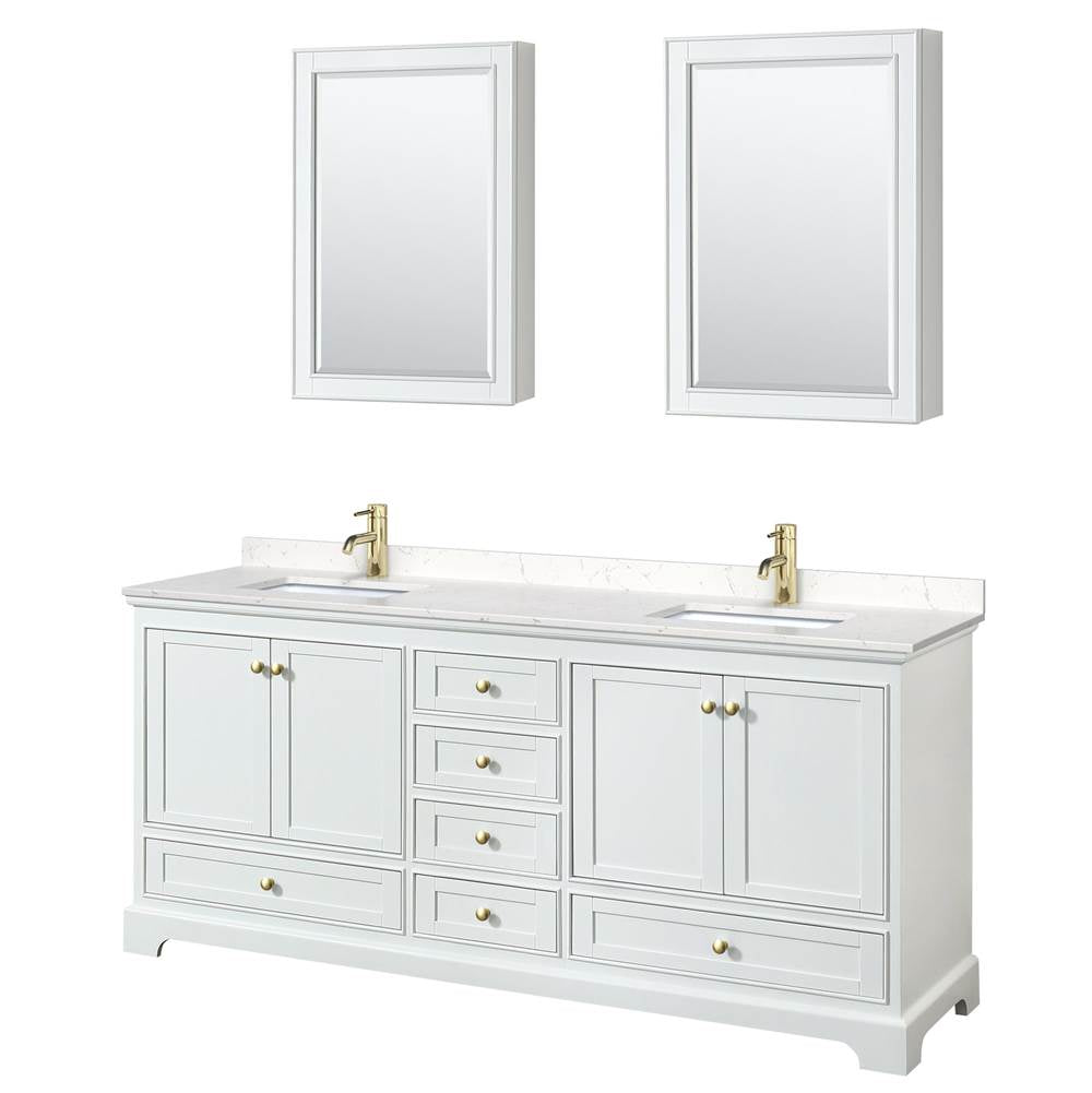 Wyndham Collection - Deborah 80 Inch Double Bathroom Vanity in White, Carrara Cultured Marble Countertop, Undermount Square Sinks, Brushed Gold Trim, Medicine Cabinets