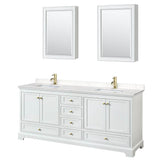 Wyndham Collection - Deborah 80 Inch Double Bathroom Vanity in White, Carrara Cultured Marble Countertop, Undermount Square Sinks, Brushed Gold Trim, Medicine Cabinets