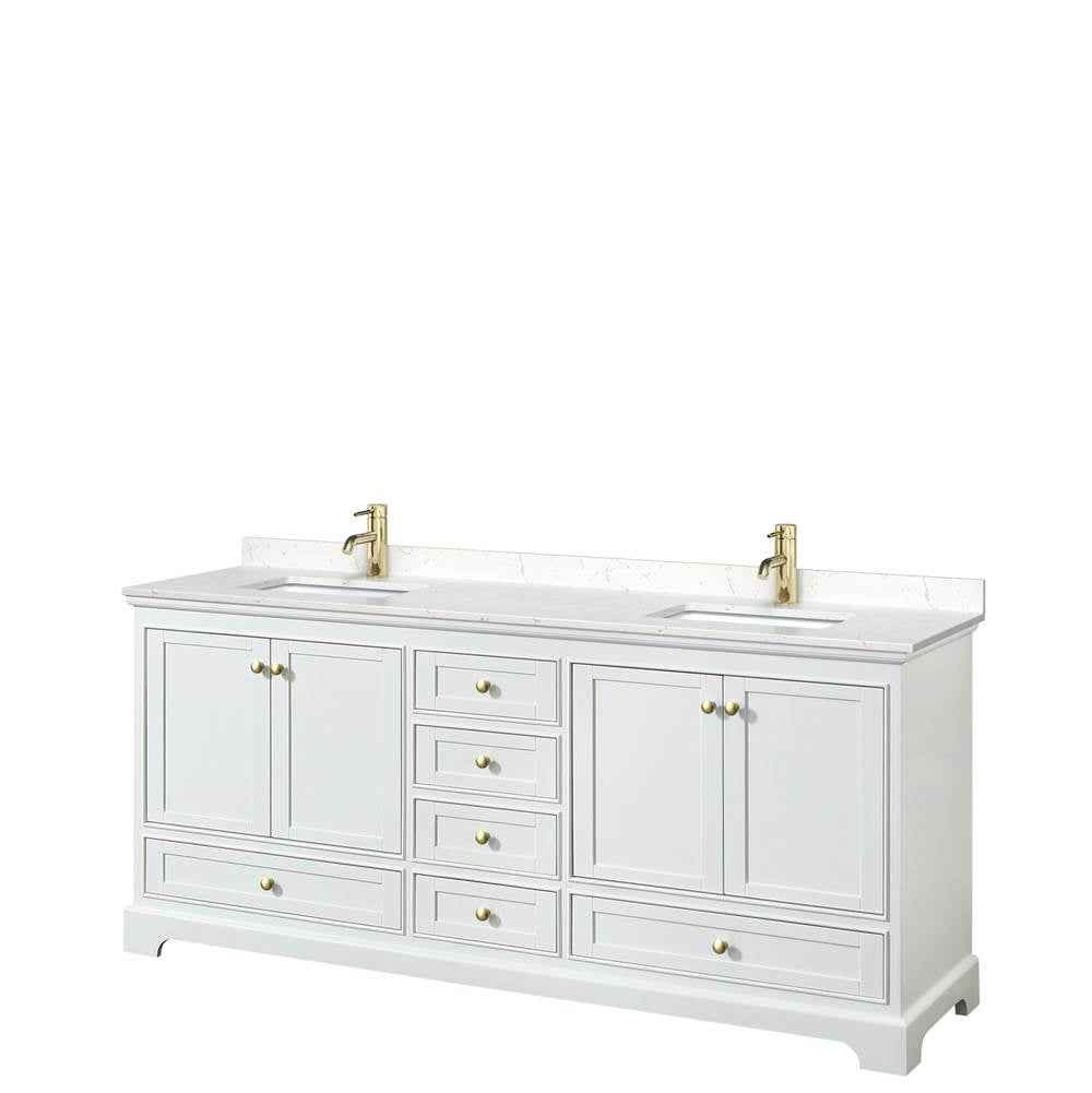Wyndham Collection - Deborah 80 Inch Double Bathroom Vanity in White, Carrara Cultured Marble Countertop, Undermount Square Sinks, Brushed Gold Trim, No Mirrors