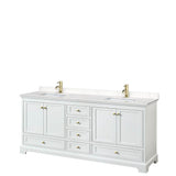 Wyndham Collection - Deborah 80 Inch Double Bathroom Vanity in White, Carrara Cultured Marble Countertop, Undermount Square Sinks, Brushed Gold Trim, No Mirrors