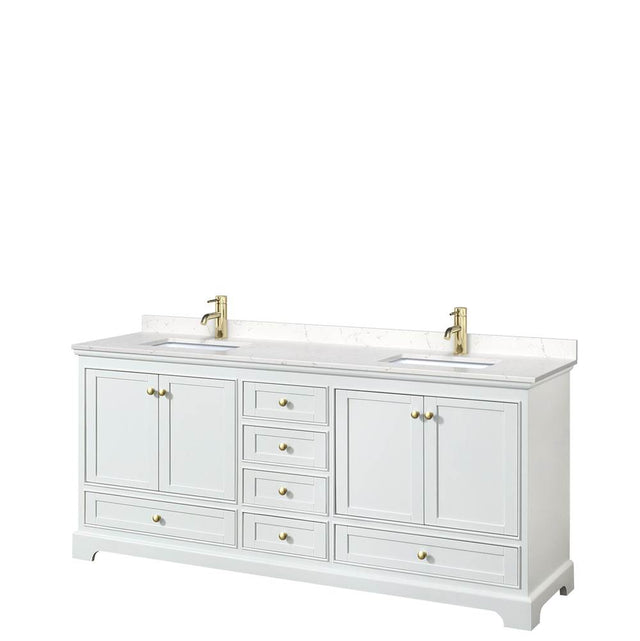 Wyndham Collection - Deborah 80 Inch Double Bathroom Vanity in White, Carrara Cultured Marble Countertop, Undermount Square Sinks, Brushed Gold Trim, No Mirrors