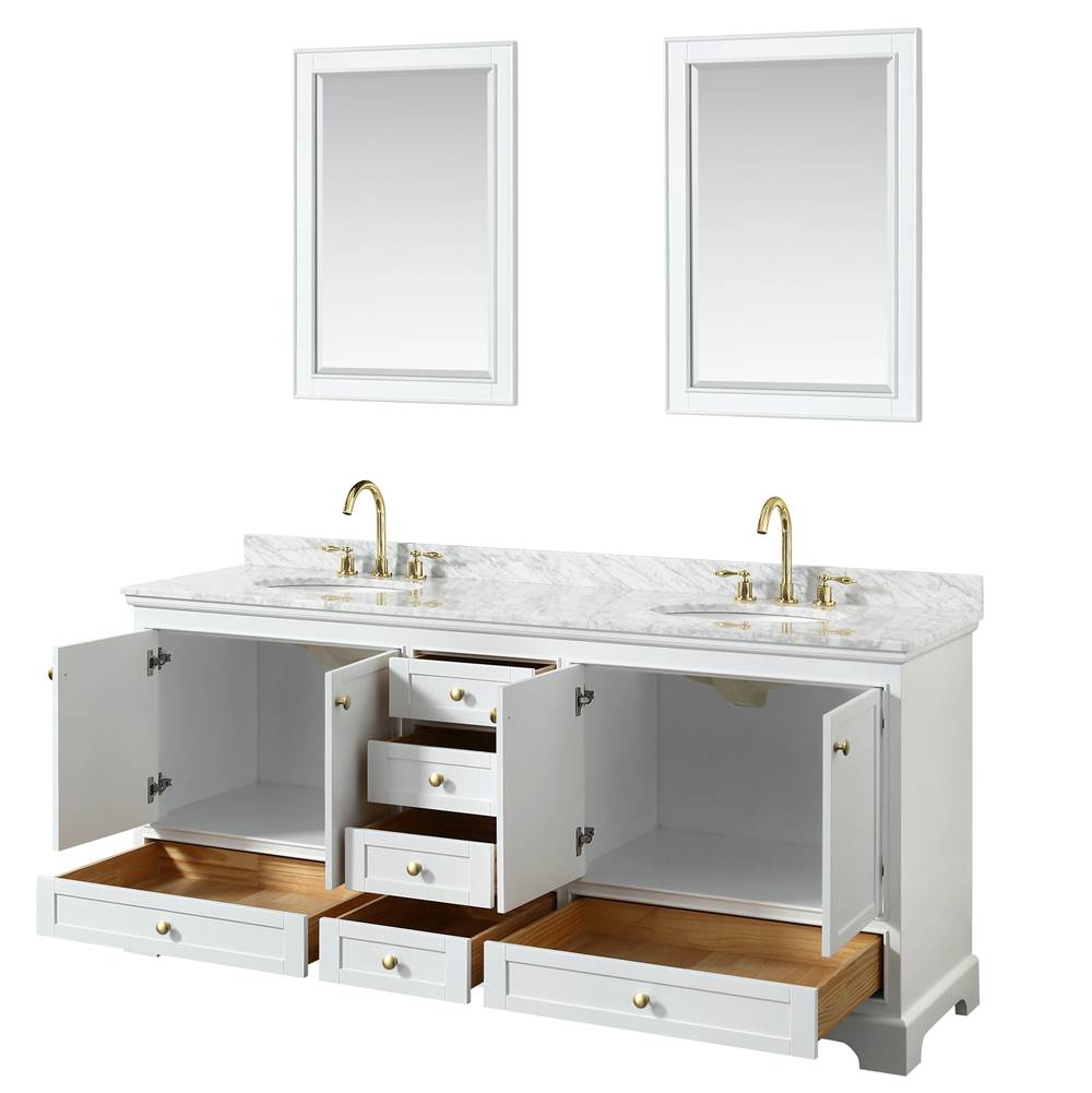 Deborah 80 Inch Double Bathroom Vanity in White, White Carrara Marble Countertop, Undermount Oval Sinks, Brushed Gold Trim, 24 Inch Mirrors
