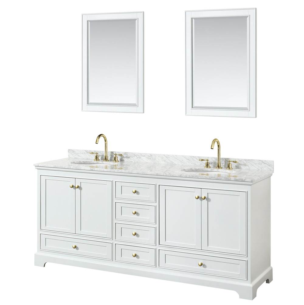 Wyndham Collection - Deborah 80 Inch Double Bathroom Vanity in White, White Carrara Marble Countertop, Undermount Oval Sinks, Brushed Gold Trim, 24 Inch Mirrors