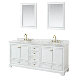 Wyndham Collection - Deborah 80 Inch Double Bathroom Vanity in White, White Carrara Marble Countertop, Undermount Oval Sinks, Brushed Gold Trim, 24 Inch Mirrors