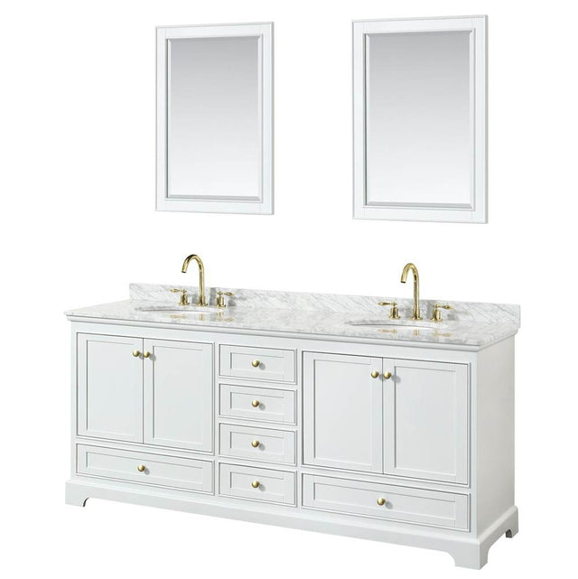 Wyndham Collection - Deborah 80 Inch Double Bathroom Vanity in White, White Carrara Marble Countertop, Undermount Oval Sinks, Brushed Gold Trim, 24 Inch Mirrors