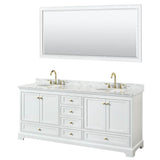 Wyndham Collection - Deborah 80 Inch Double Bathroom Vanity in White, White Carrara Marble Countertop, Undermount Oval Sinks, Brushed Gold Trim, 70 Inch Mirror
