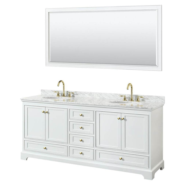 Wyndham Collection - Deborah 80 Inch Double Bathroom Vanity in White, White Carrara Marble Countertop, Undermount Oval Sinks, Brushed Gold Trim, 70 Inch Mirror