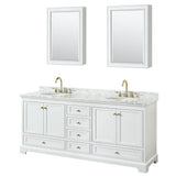 Wyndham Collection - Deborah 80 Inch Double Bathroom Vanity in White, White Carrara Marble Countertop, Undermount Oval Sinks, Brushed Gold Trim, Medicine Cabinets