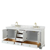Deborah 80 Inch Double Bathroom Vanity in White, White Carrara Marble Countertop, Undermount Oval Sinks, Brushed Gold Trim, No Mirrors