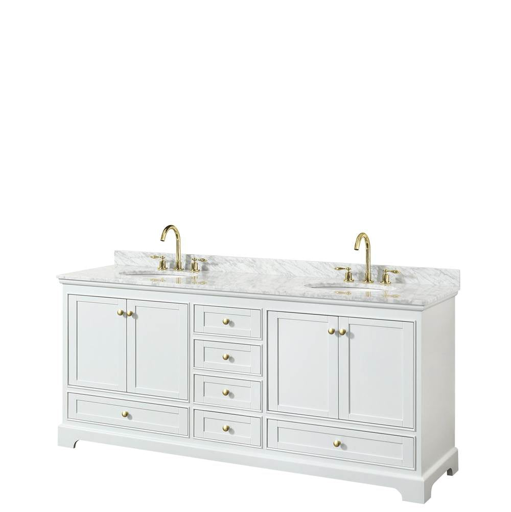 Wyndham Collection - Deborah 80 Inch Double Bathroom Vanity in White, White Carrara Marble Countertop, Undermount Oval Sinks, Brushed Gold Trim, No Mirrors