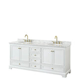 Wyndham Collection - Deborah 80 Inch Double Bathroom Vanity in White, White Carrara Marble Countertop, Undermount Oval Sinks, Brushed Gold Trim, No Mirrors