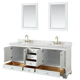Deborah 80 Inch Double Bathroom Vanity in White, White Carrara Marble Countertop, Undermount Square Sinks, Brushed Gold Trim, 24 Inch Mirrors