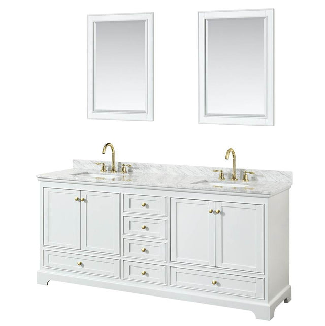 Wyndham Collection - Deborah 80 Inch Double Bathroom Vanity in White, White Carrara Marble Countertop, Undermount Square Sinks, Brushed Gold Trim, 24 Inch Mirrors