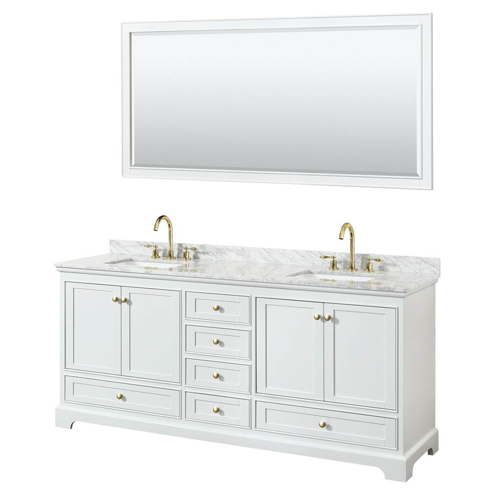Wyndham Collection - Deborah 80 Inch Double Bathroom Vanity in White, White Carrara Marble Countertop, Undermount Square Sinks, Brushed Gold Trim, 70 Inch Mirror