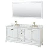 Wyndham Collection - Deborah 80 Inch Double Bathroom Vanity in White, White Carrara Marble Countertop, Undermount Square Sinks, Brushed Gold Trim, 70 Inch Mirror