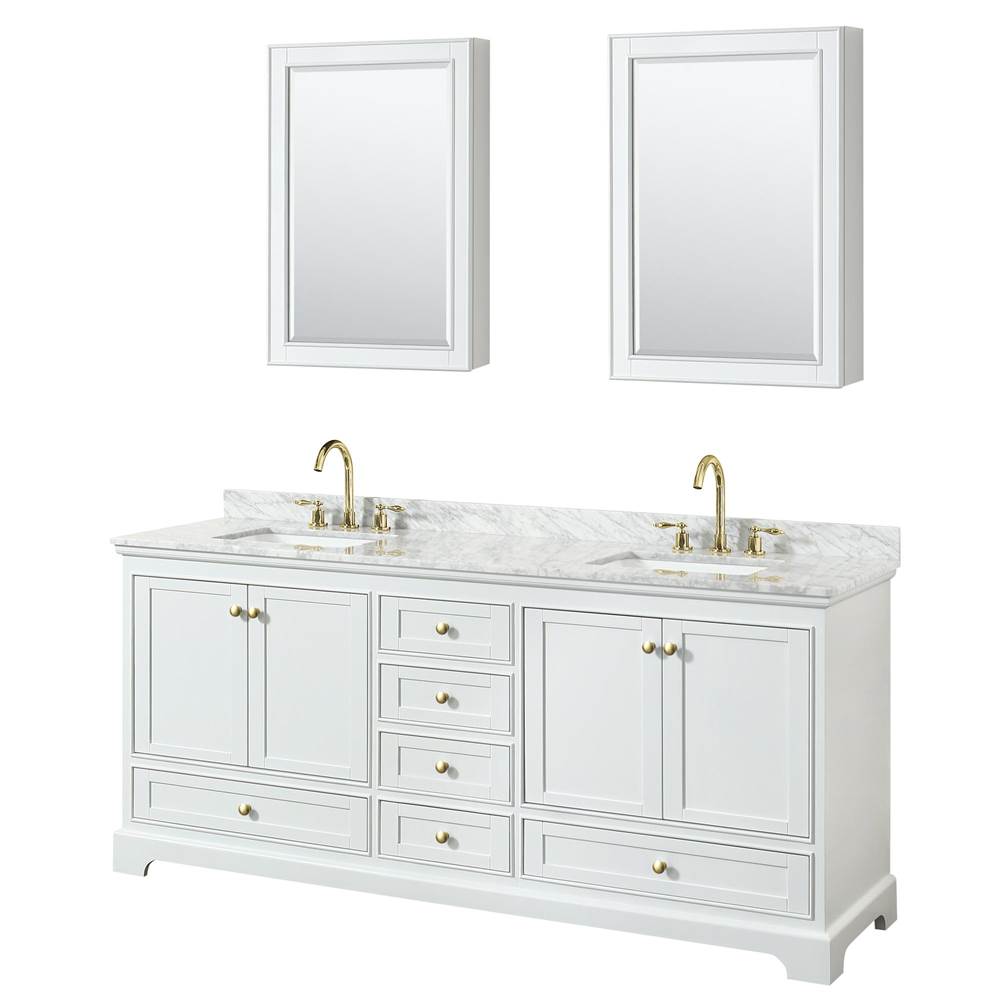 Wyndham Collection - Deborah 80 Inch Double Bathroom Vanity in White, White Carrara Marble Countertop, Undermount Square Sinks, Brushed Gold Trim, Medicine Cabinets