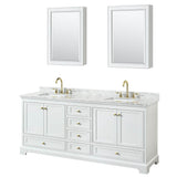 Wyndham Collection - Deborah 80 Inch Double Bathroom Vanity in White, White Carrara Marble Countertop, Undermount Square Sinks, Brushed Gold Trim, Medicine Cabinets