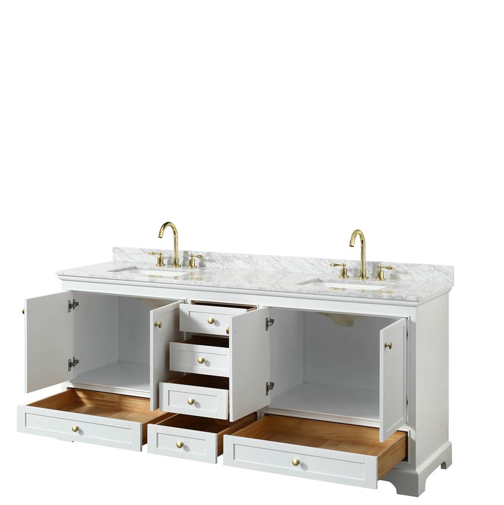 Deborah 80 Inch Double Bathroom Vanity in White, White Carrara Marble Countertop, Undermount Square Sinks, Brushed Gold Trim, No Mirrors