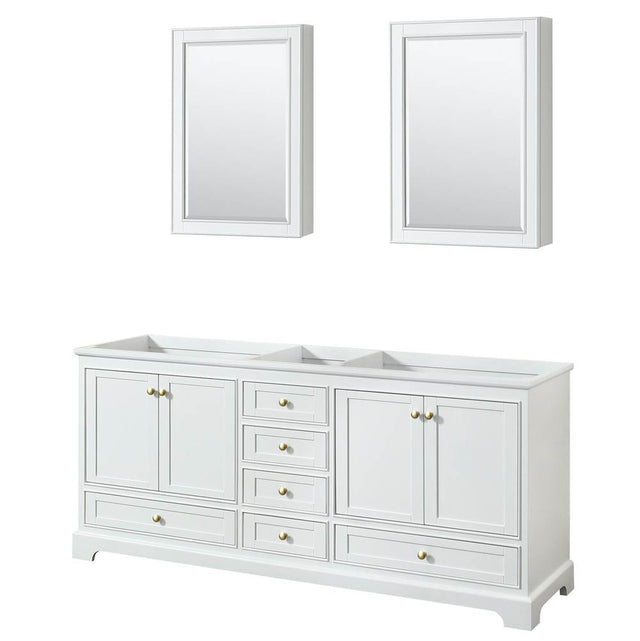 Wyndham Collection - Deborah 80 Inch Double Bathroom Vanity in White, No Countertop, No Sinks, Brushed Gold Trim, Medicine Cabinets