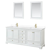 Wyndham Collection - Deborah 80 Inch Double Bathroom Vanity in White, White Cultured Marble Countertop, Undermount Square Sinks, Brushed Gold Trim, 24 Inch Mirrors