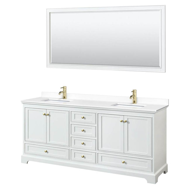 Wyndham Collection - Deborah 80 Inch Double Bathroom Vanity in White, White Cultured Marble Countertop, Undermount Square Sinks, Brushed Gold Trim, 70 Inch Mirror