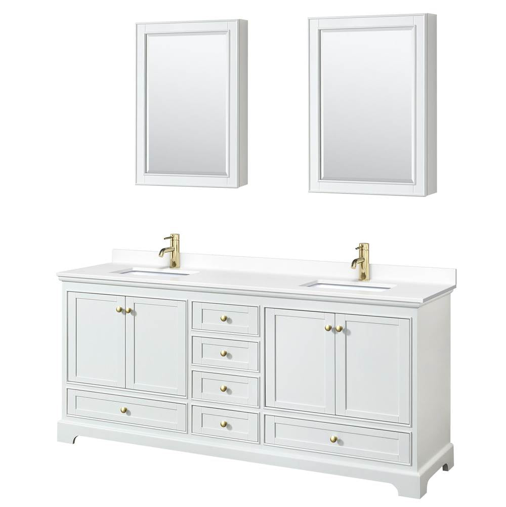 Wyndham Collection - Deborah 80 Inch Double Bathroom Vanity in White, White Cultured Marble Countertop, Undermount Square Sinks, Brushed Gold Trim, Medicine Cabinets