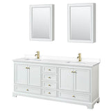 Wyndham Collection - Deborah 80 Inch Double Bathroom Vanity in White, White Cultured Marble Countertop, Undermount Square Sinks, Brushed Gold Trim, Medicine Cabinets