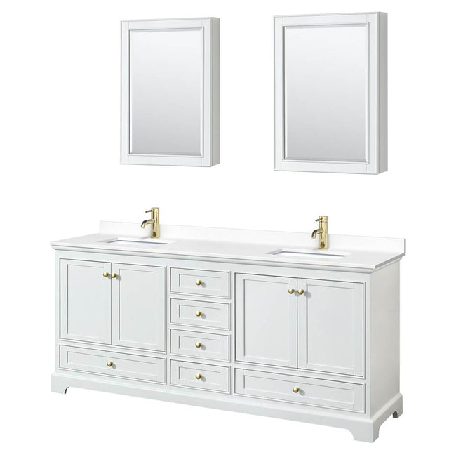 Wyndham Collection - Deborah 80 Inch Double Bathroom Vanity in White, White Cultured Marble Countertop, Undermount Square Sinks, Brushed Gold Trim, Medicine Cabinets