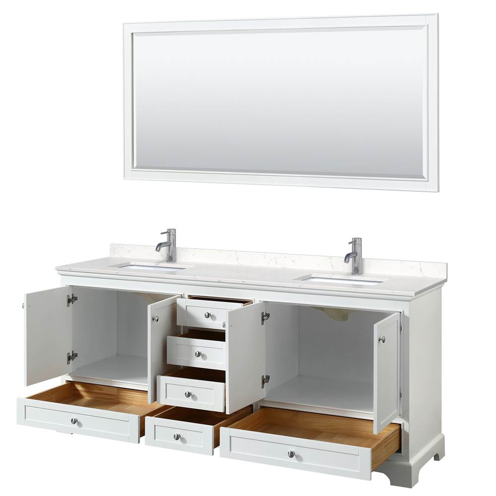 Deborah 80 Inch Double Bathroom Vanity in White, Carrara Cultured Marble Countertop, Undermount Square Sinks, 70 Inch Mirror