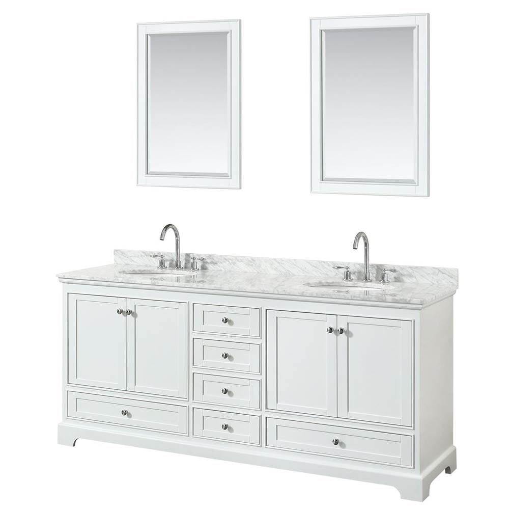 Wyndham Collection - Deborah 80 Inch Double Bathroom Vanity in White, White Carrara Marble Countertop, Undermount Oval Sinks, and 24 Inch Mirrors - White