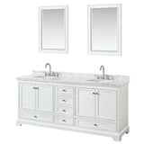 Wyndham Collection - Deborah 80 Inch Double Bathroom Vanity in White, White Carrara Marble Countertop, Undermount Oval Sinks, and 24 Inch Mirrors - White