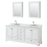 Wyndham Collection - Deborah 80 Inch Double Bathroom Vanity in White, White Carrara Marble Countertop, Undermount Oval Sinks, and Medicine Cabinets - White